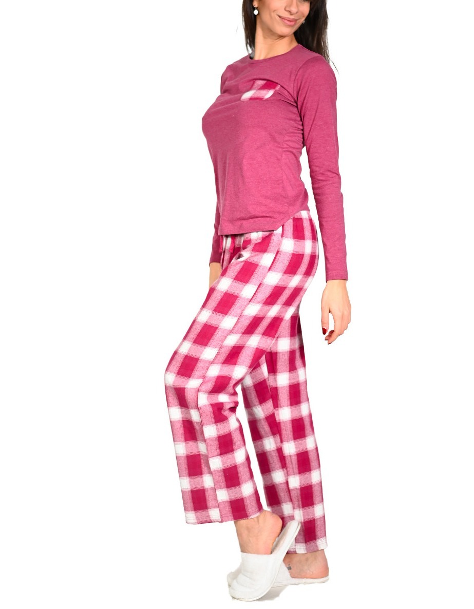 pyjama-pantalon-coton-bas-carreaux-haut-jersey-uni-Aubergine
