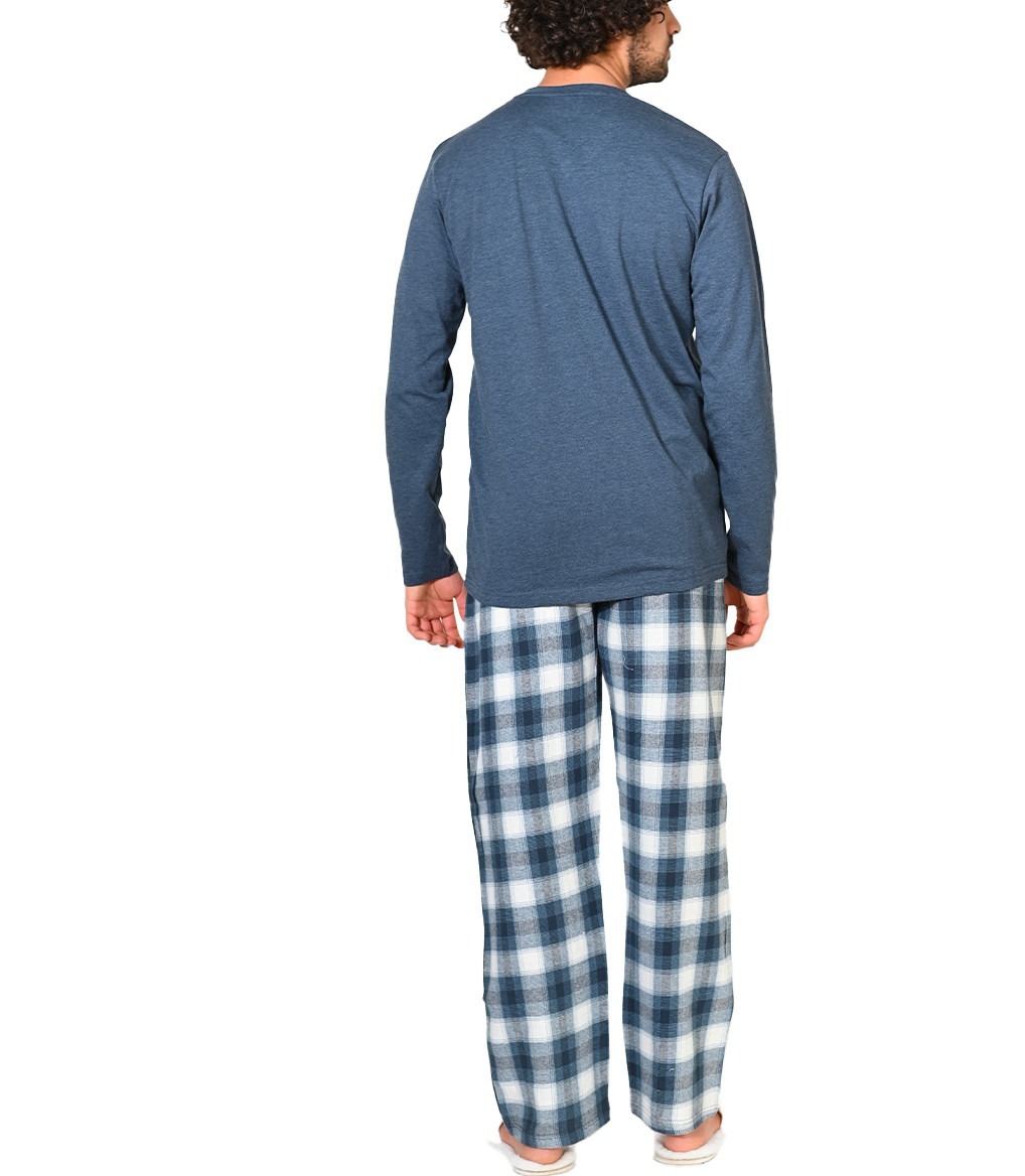 pyjama-pantalon-coton-FLANELLE-bas-carreaux-haut-jersey-BLEU-dos