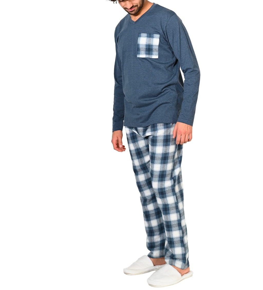 pyjama-pantalon-coton-FLANELLE-bas-carreaux-haut-jersey-BLEU
