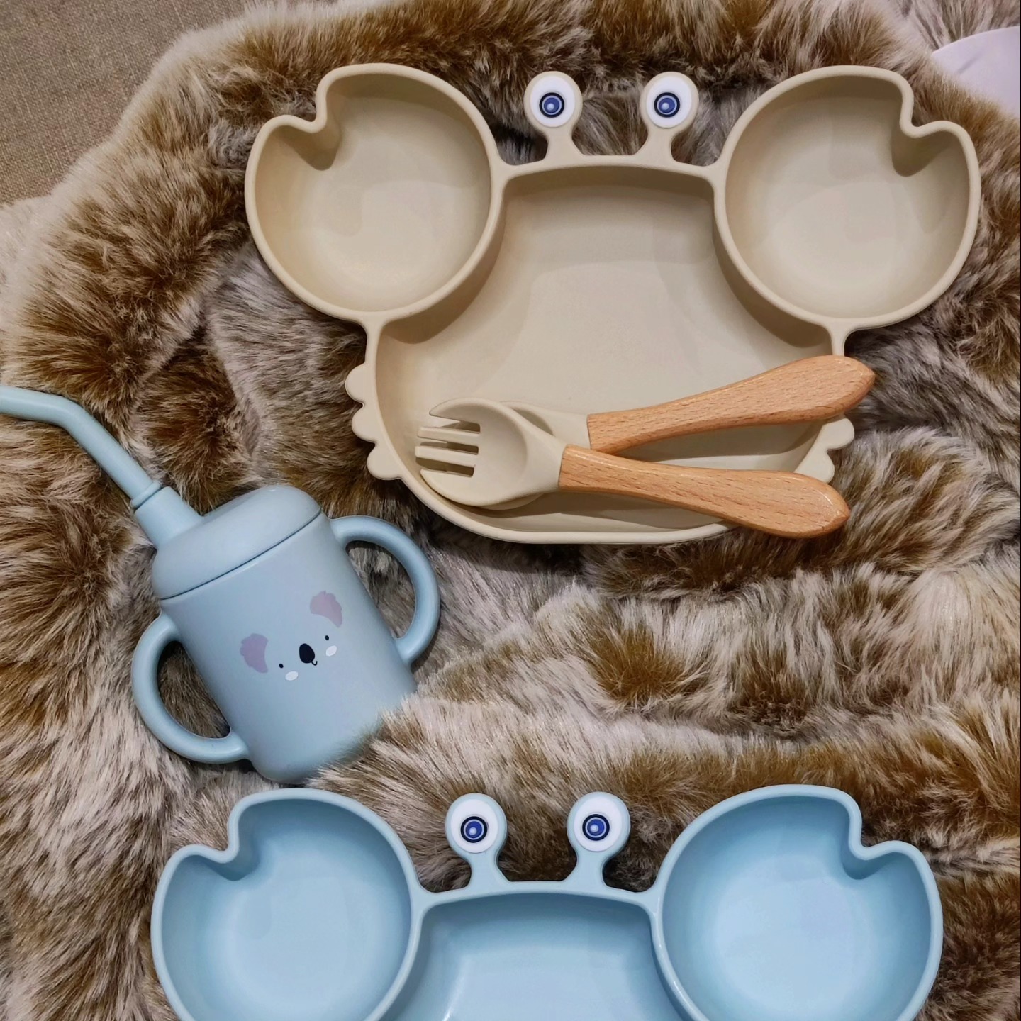 Set_repas_assiette_enfant_silicone_crabe_beige