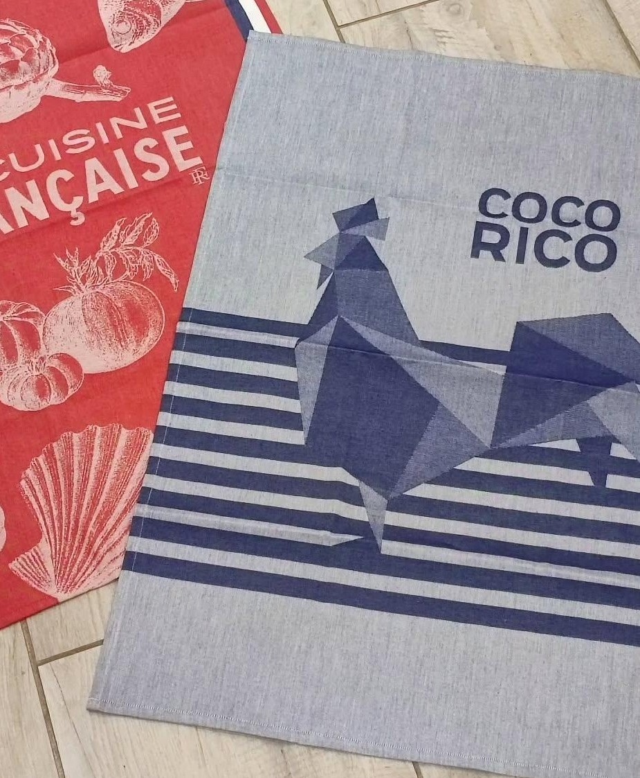 Torchon-coco-rico-bleu-Jacquard-français
