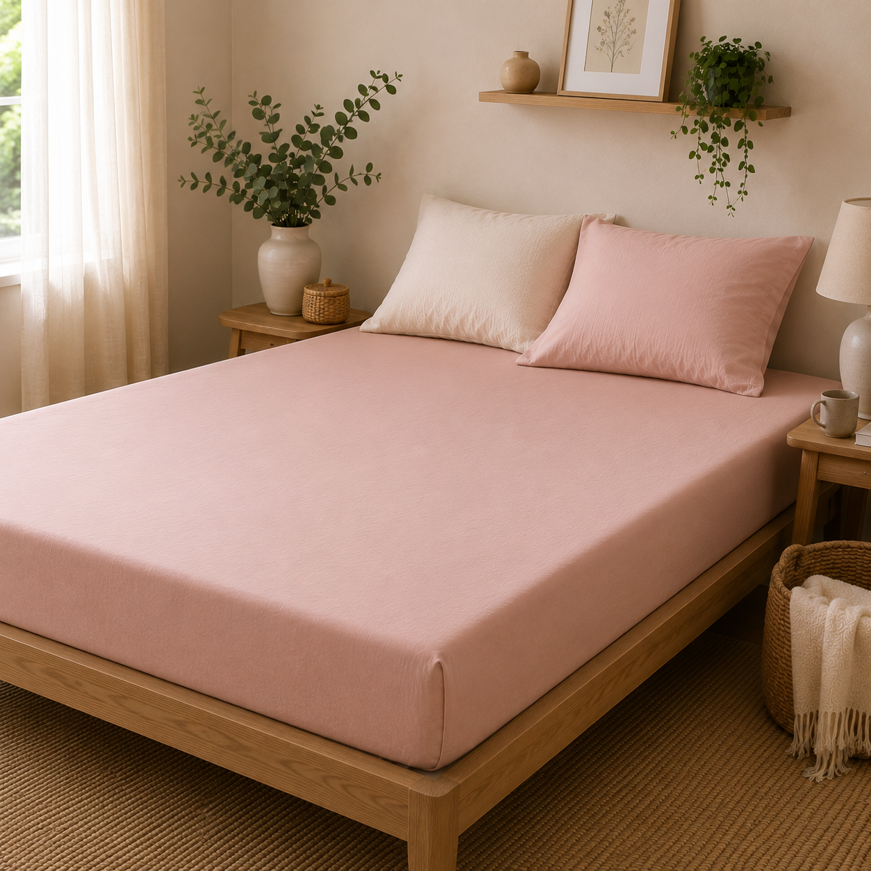 Drap-Housse-percale-lavé-rose-poudre-baton-rouge