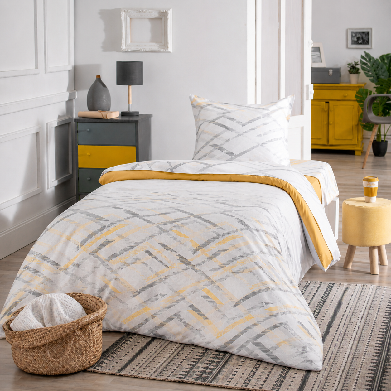 Parure-de-lit-une-place-fabrication-francaise-coton-Vermon-jaune-graphique-gris-tradilinge