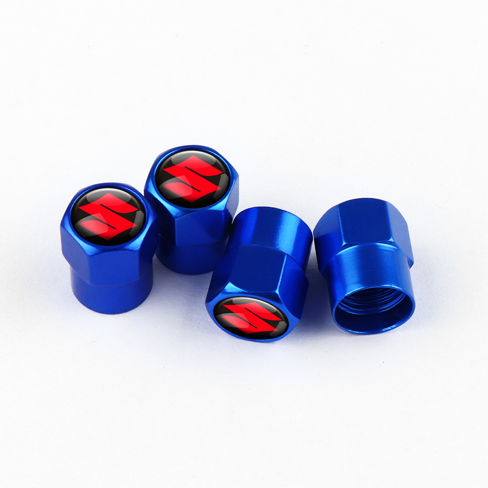 BLUE TIRE VALVE STEM CAPS RED LOGO FOR SUZUKI(1)