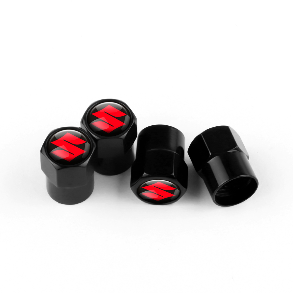 BLACK TIRE VALVE STEM CAPS RED LOGO FOR SUZUKI(1)