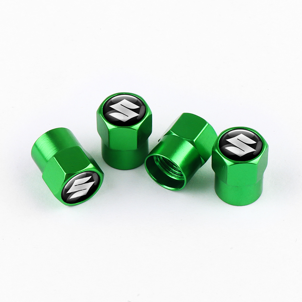 GREEN TIRE VALVE STEM CAPS WHITE LOGO FOR SUZUKI
