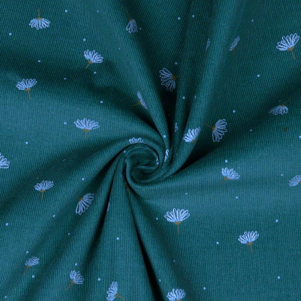 Tissu velours babycord glitter Flowers - Fleurs sur fond bleu canard