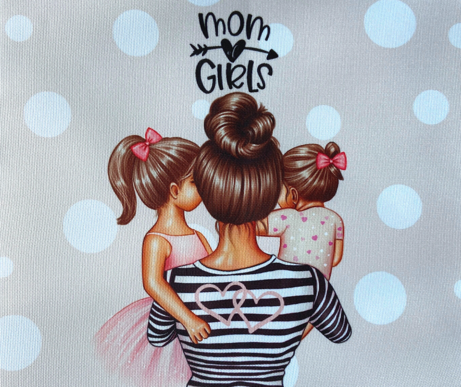 Panneau en polyester imperméable mère de 2 filles de dos avec fond rose 30x30cm