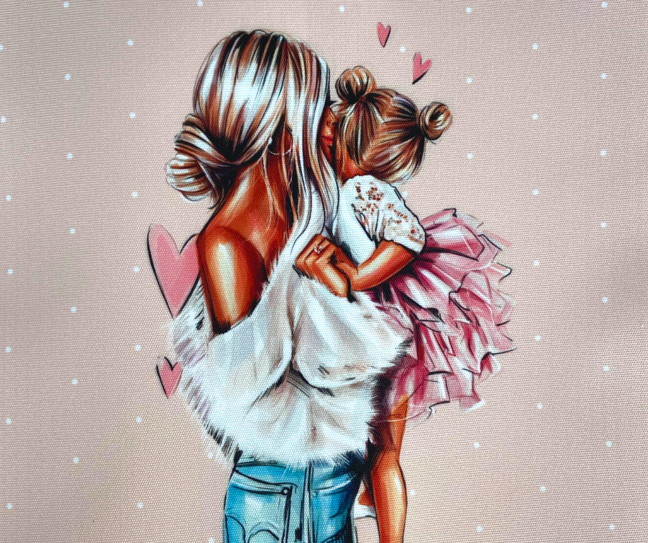 Panneau en polyester imperméable mère en jean et fille sur fond rose 30x30cm