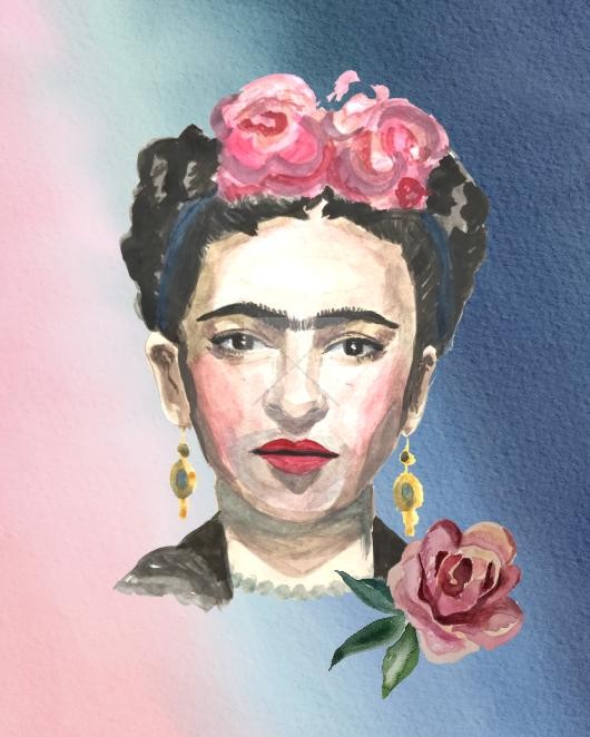 Panneau en polyester imperméable frida avec roses dans les cheveux et fond bleu 30x20cm