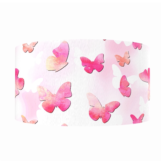 Ruban polyester gros grain 50mm papillon rose sur fond blanc