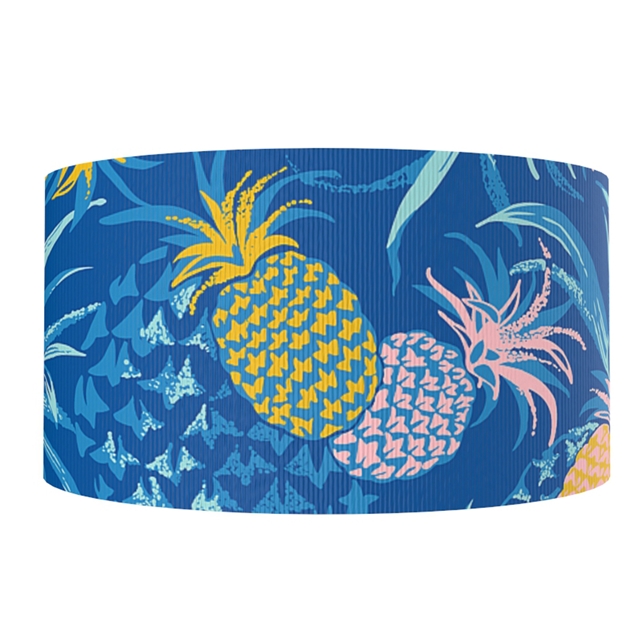 Ruban polyester gros grain 50mm ananas sur fond bleu