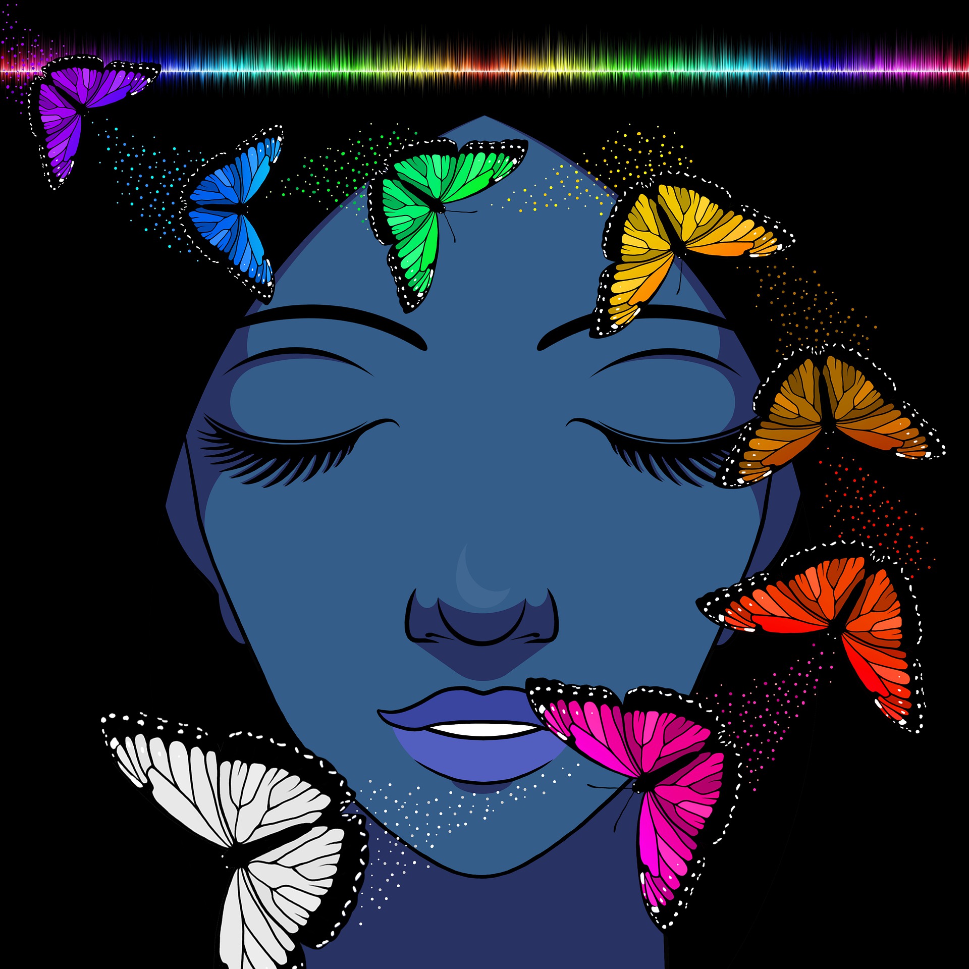 Panneau en polyester imperméable visage bleu et papillon multicolore 30x30cm