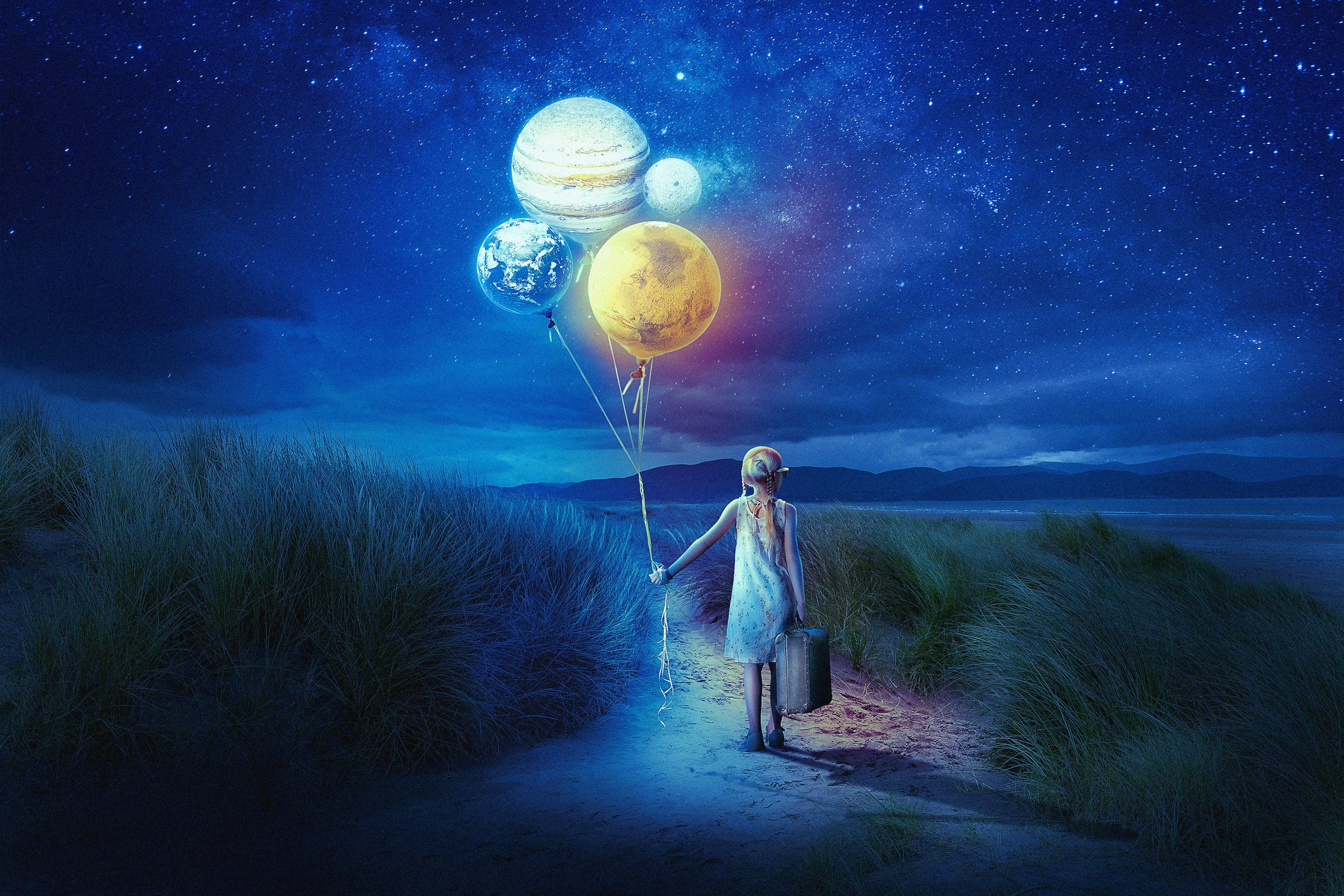 Panneau en polyester imperméable fille avec valise et ballons planètes bleu et vert 50x40cm