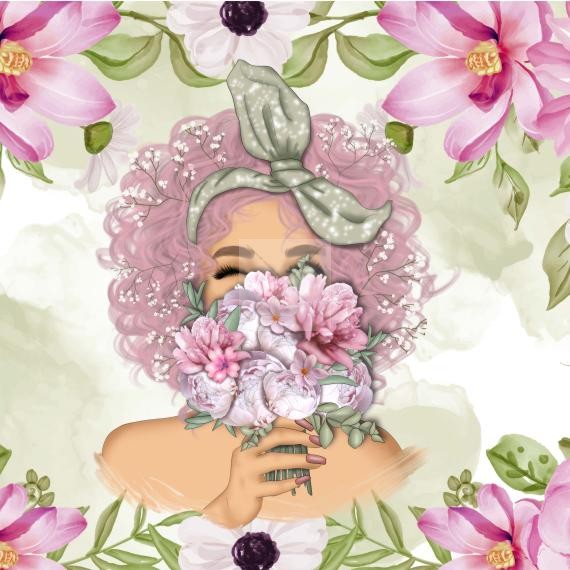 Panneau en polyester imperméable femme cheveux colorés et bouquet de fleurs 20x20cm