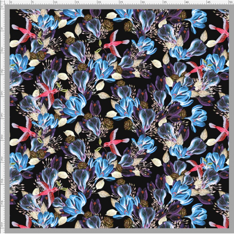 Coupon en simili cuir imprimé fleurs lumineuses avec oiseau bleu 17 45x50cm