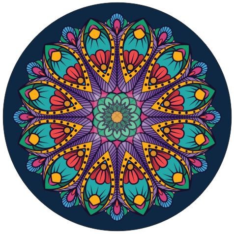 Panneau en polyester imperméable rond mandala multicolore sur fond bleu diamètre 30cm