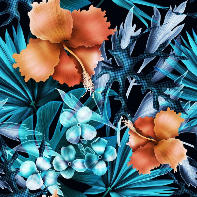Coupon en simili cuir imprimé hibiscus sur fond bleu 45x50cm