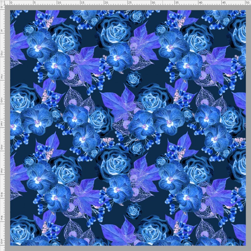 Coupon en simili cuir imprimé fleurs lumineuses bleu 45x50cm