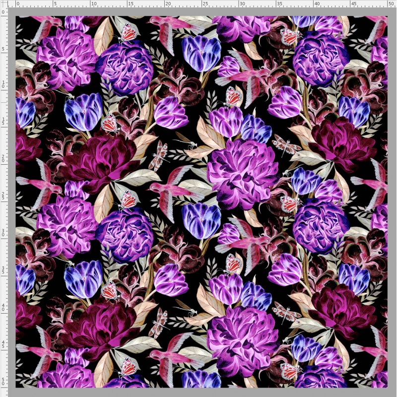 Coupon en simili cuir imprimé fleurs lumineuses avec oiseau violet 45x50cm