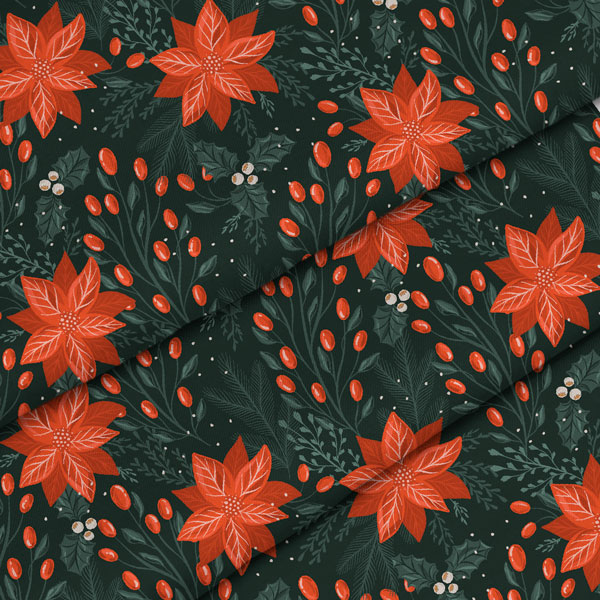 Coupon en polyester imperméable fleurs rouge de noël sur feuilles vertes 50x50cm
