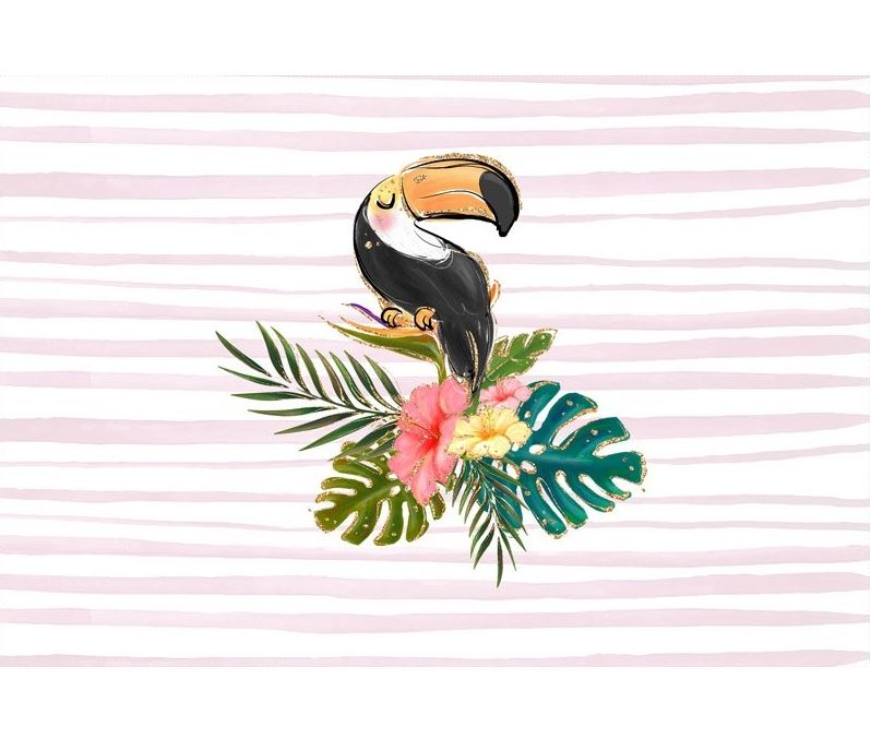 pc 3020 toucan et fleurs tropicales fond blanc raye rose