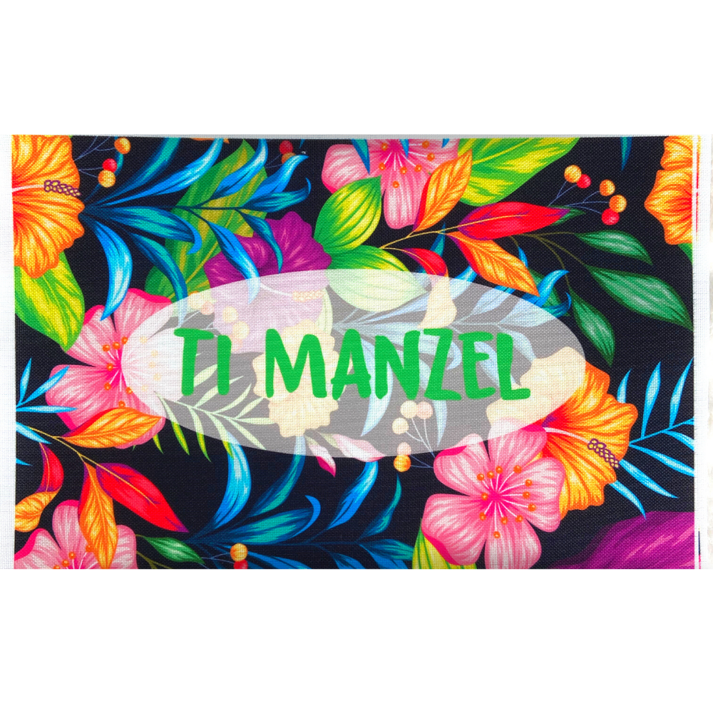 Panneau en polyester imperméable fleurs et fond tropicale multicolore : TI MANZEL 30x20cm (petite mademoiselle)