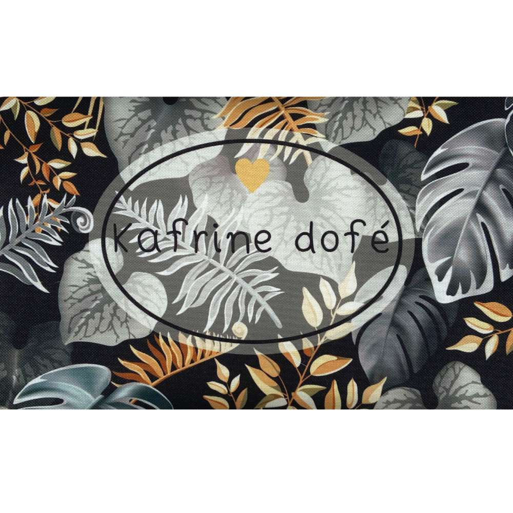 Panneau en polyester imperméable feuilles tropicales doré et gris sur fond noir : Kafrine dofé 30x20cm (cafrine de feu)