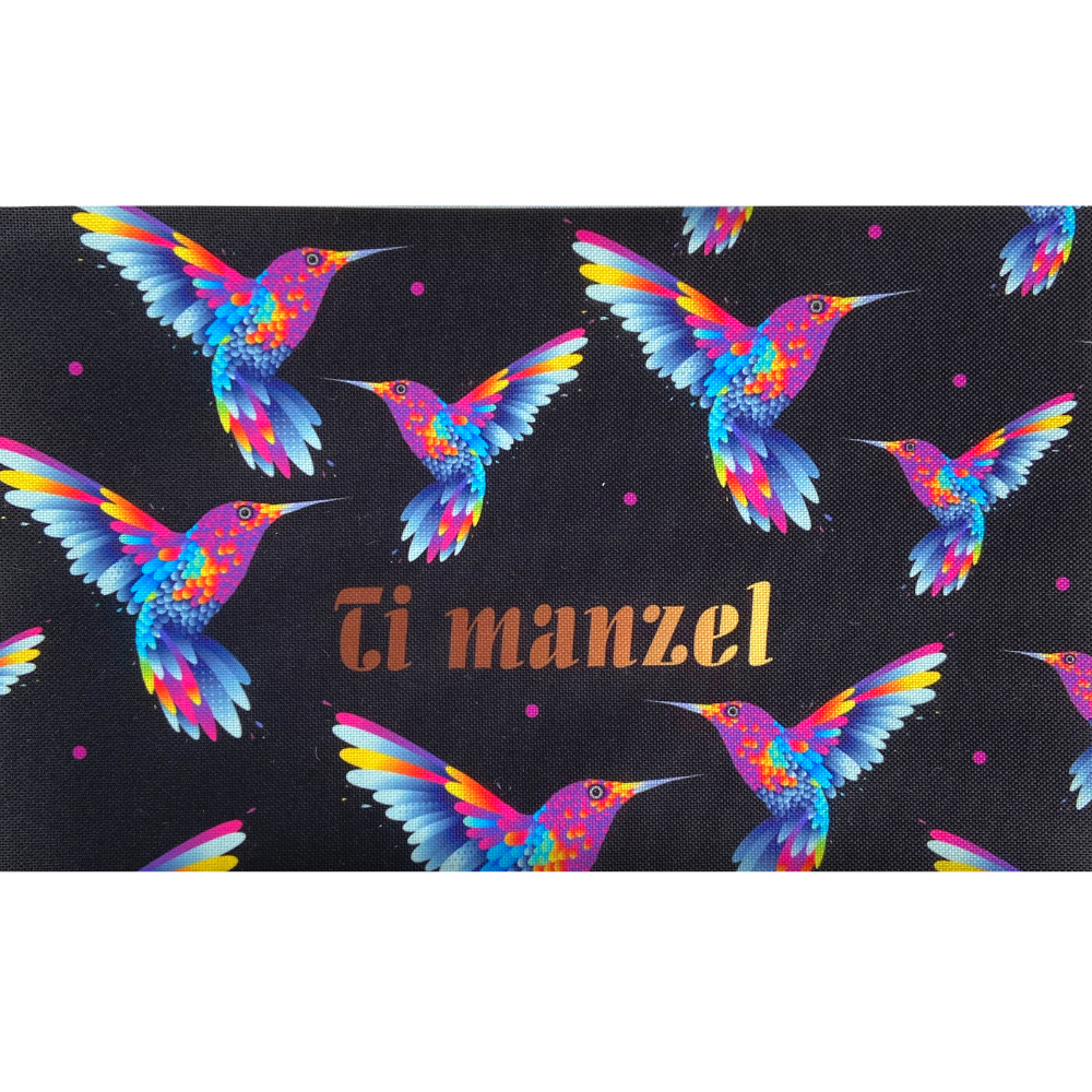 Panneau en polyester imperméable fond noir avec oiseaux multicolore : Ti manzel 30x20cm (petite mademoiselle)