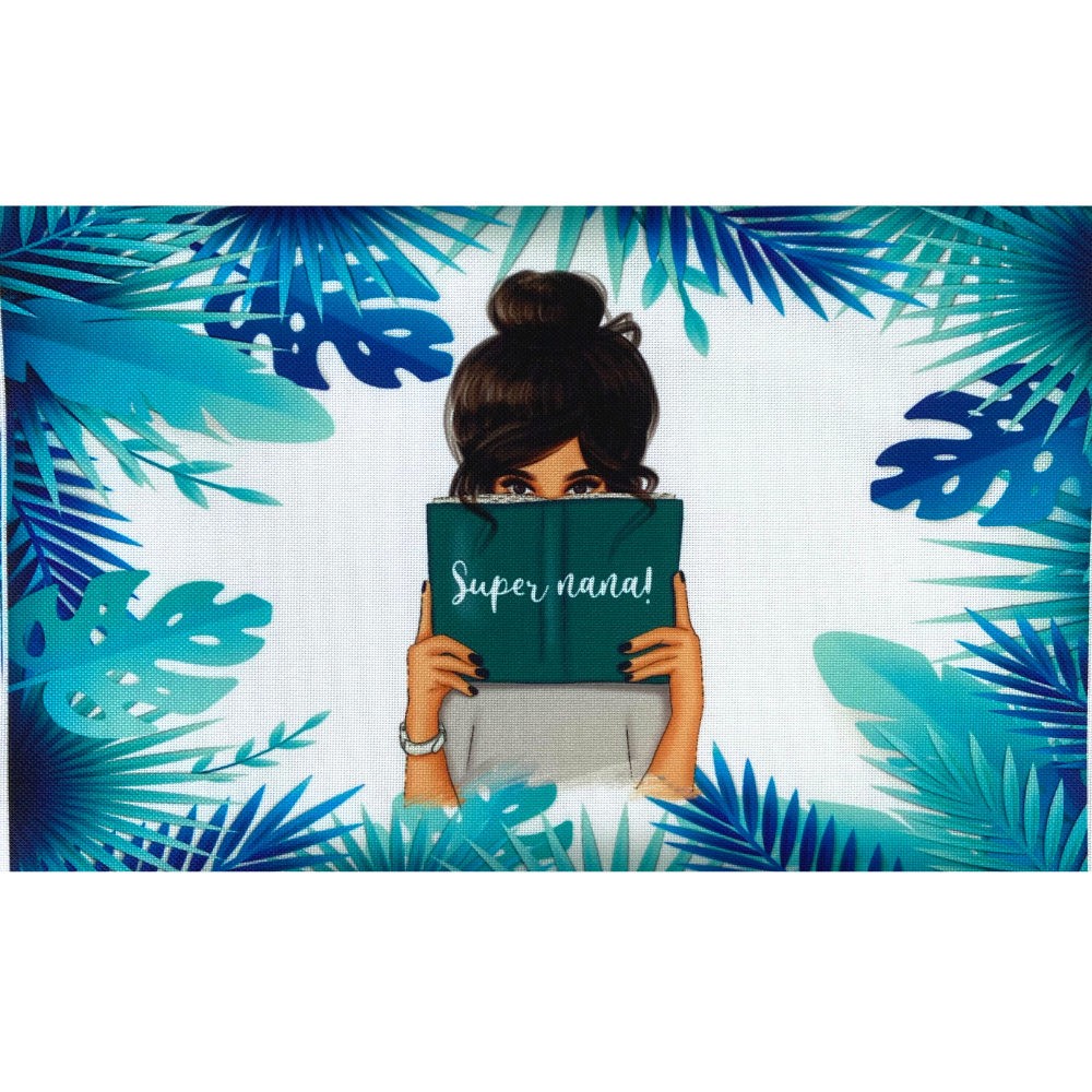 Panneau en polyester imperméable femme avec livre fond bleu tropicale : super nana! 30x20cm