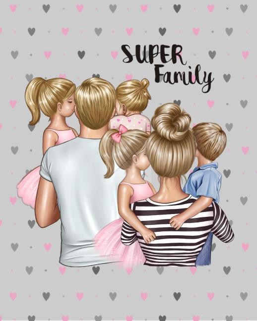 Panneau en polyester imperméable super famille blonds, 3 filles et un garçon fond gris 30x20cm