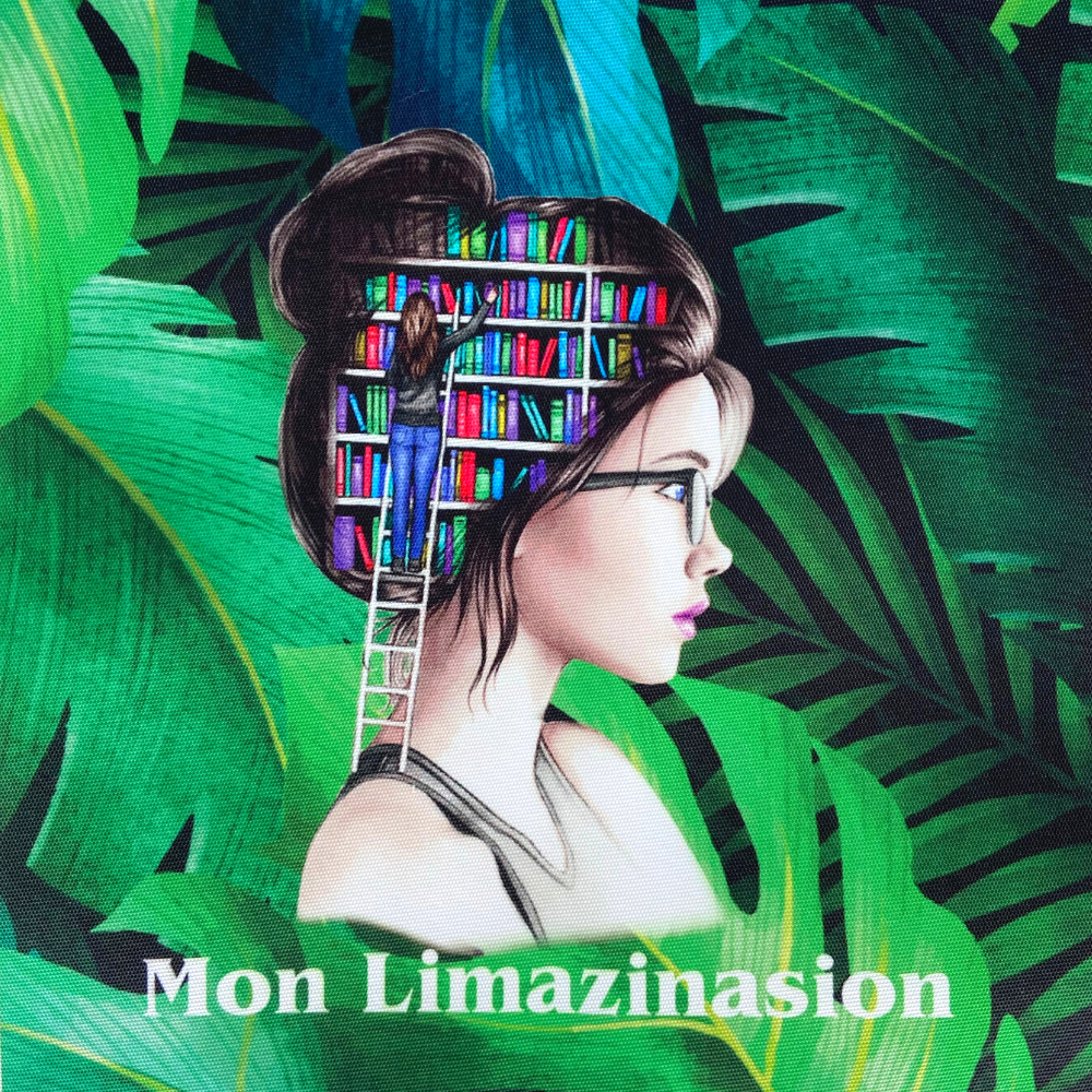 Panneau en polyester imperméable femme avec bibliothèque sur fond vert : Mon Limazinasion (mon imagination)