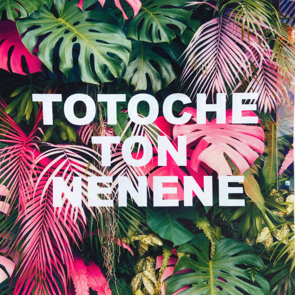 Panneau en polyester imperméable fond tropical vert et rose : TOTOCHE TON NENENE 30x30cm (insulte)