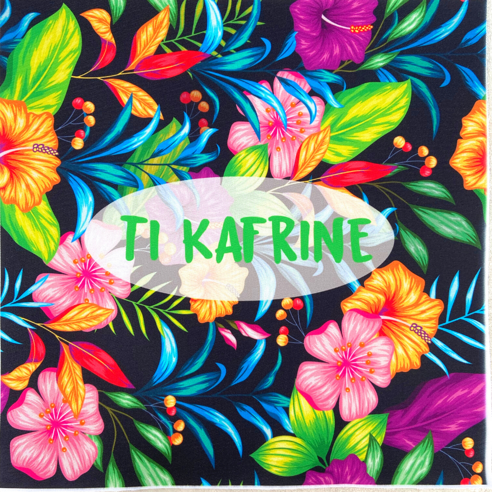 Panneau en polyester imperméable fleurs et fond tropicale multicolore : TI KAFRINE 40x40cm (petite cafrine)