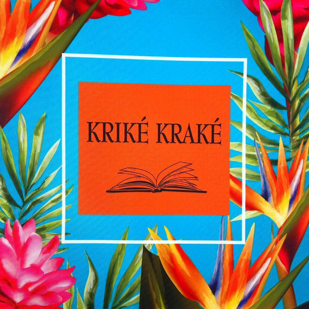 Panneau en polyester imperméable fleurs tropicales avec cadre orange sur fond turquoise :  Kriké Kraké 40x40cm (expression pour contes)