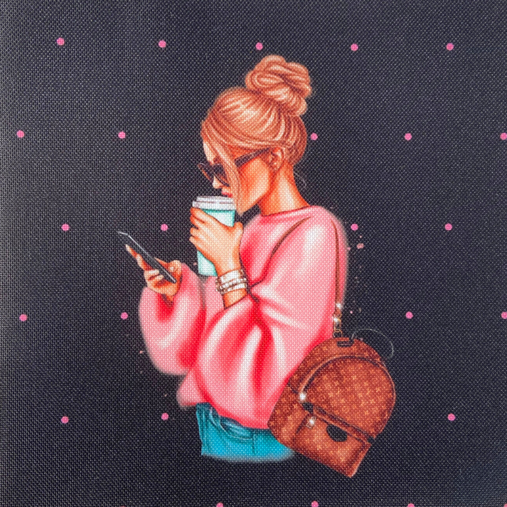 Panneau en polyester imperméable femme téléphone et café 20x20cm