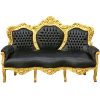 Canapé rococo en bois doré et simili-cuir noir Oslo
