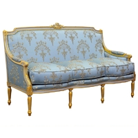 Canapé Louis XVI 3 places en bois doré et tissu bleu Chambord
