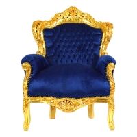 Trône baroque royal en bois doré et velours bleu Stockholm