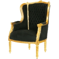 Bergère style Louis XVI en hêtre doré et velours noir Turgot