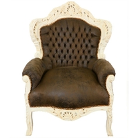 Fauteuil baroque en bois crème et toile brun Stockholm