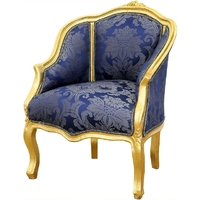 Bergère style Louis XV en bois doré et tissu bleu Boussac