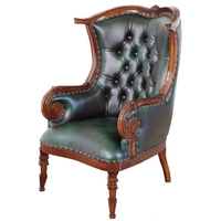 Fauteuil style anglais victorien en acajou capitonné vert Edimbourg