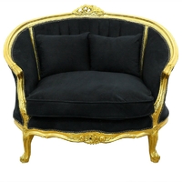 Canapé style Louis XV en hêtre doré et velours noir Boussac