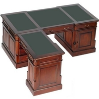 Bureau d'angle style anglais en acajou avec sous-main vert Cambridge