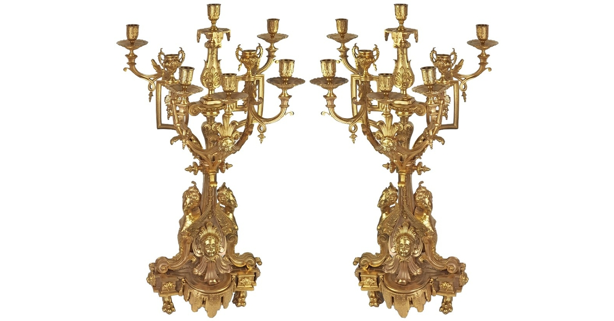 Paire de chandeliers en bronze doré Napoléon III - Pendule ancienne et