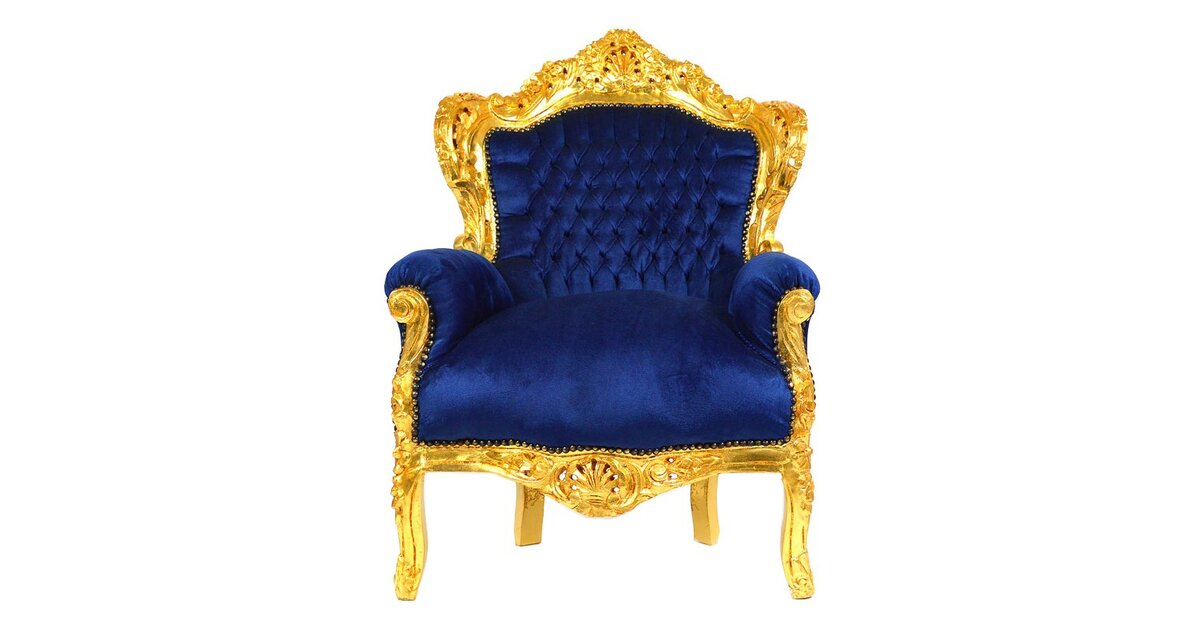 Fauteuil Baroque/Rococo Palazzo INT - Bois Massif, Or Et Bleu, Accoudoirs - Neuf