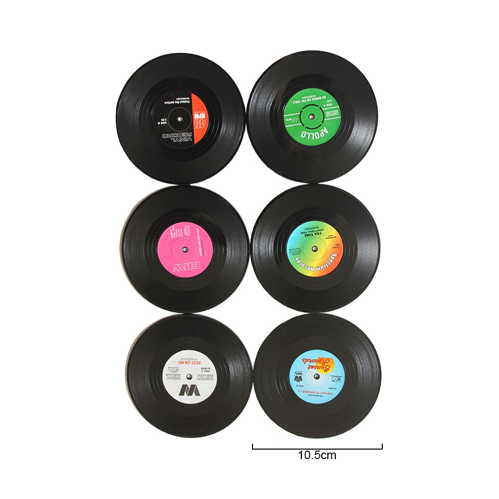 Diamètre 10,5 cm JUHONNZ Dessous de Verre en Vinyle,6 PCS Rétro CD sous-Verres Disque Vinyle Antidérapant Dessous Verre Vinyle pour Boire du Café Bière Amis 