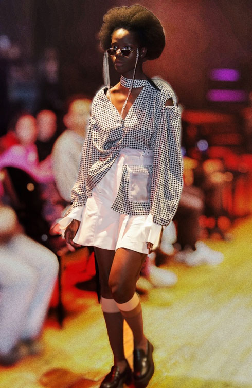 Silhouette structurée avec chemise pied-de-poule et short tailleur, collection Evolution of Self – Christelle Tran-Thiet