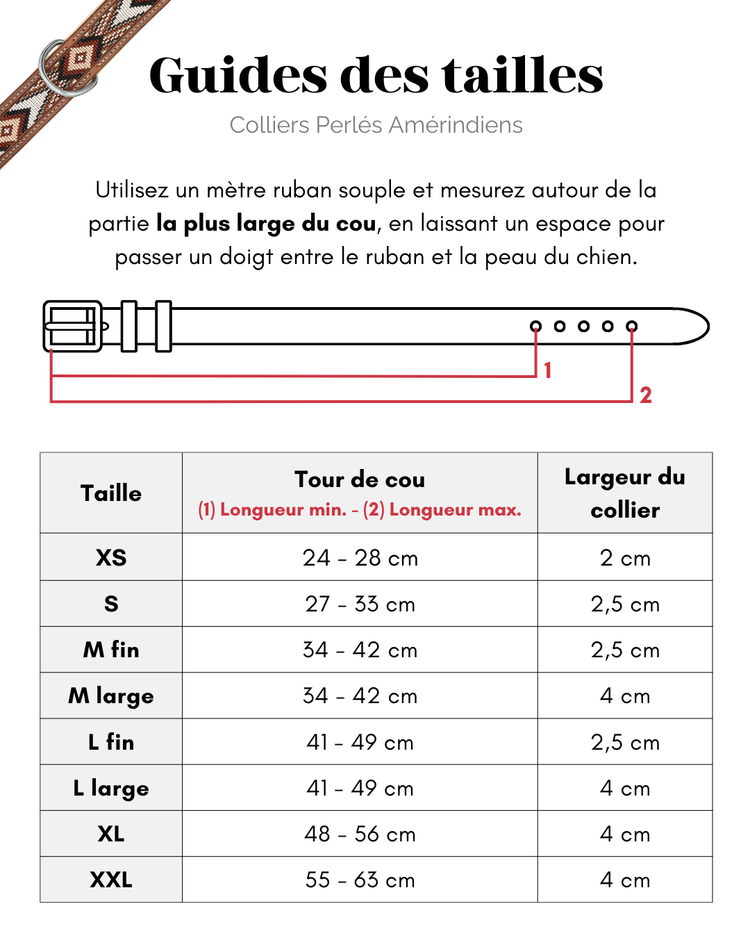 Guides des tailles colliers perlés amérindiens